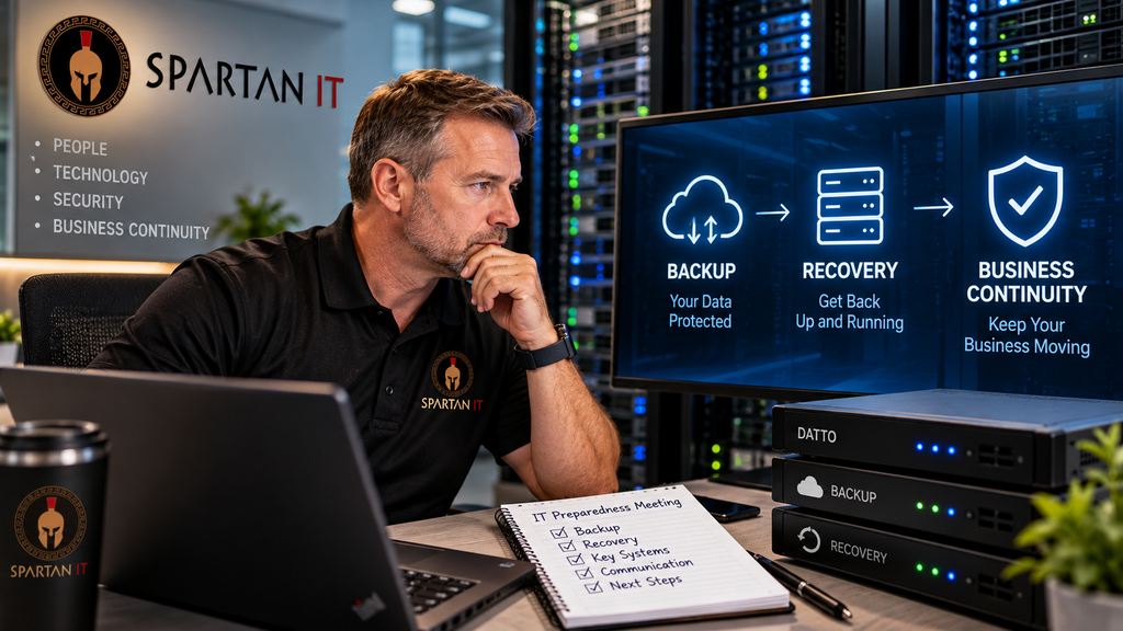 IT preparedness meeting covering data backup, disaster recovery, and business continuity planning